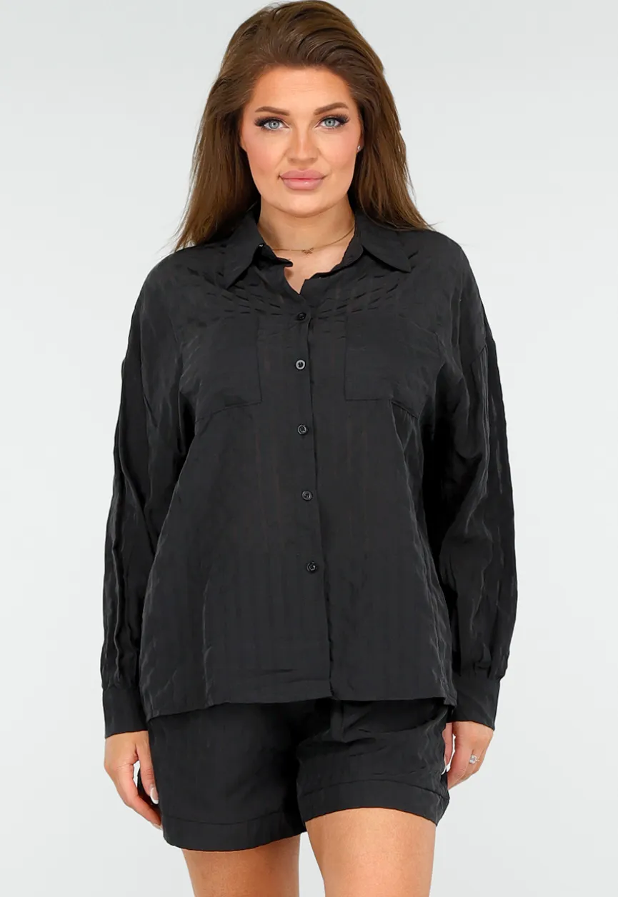 Zwarte Set van Short en Blouse met Streepjes en Elastische Tailleband