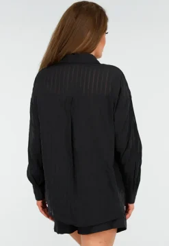 Zwarte Set van Short en Blouse met Streepjes en Elastische Tailleband