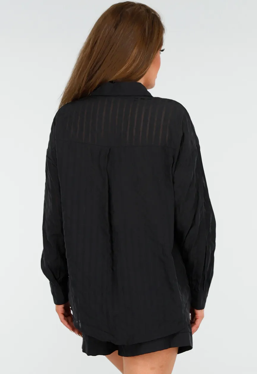 Zwarte Set van Short en Blouse met Streepjes en Elastische Tailleband