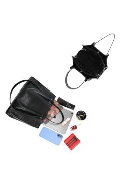 Zwarte Shopper met Dubbele Schouderhengsels en Plooivorming