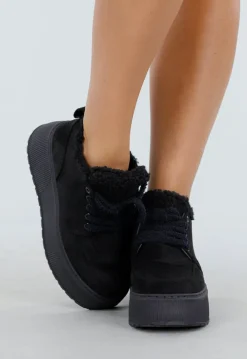 Zwarte Sneakers met Bontvoering en Dikke Platformzool met Veters en Rits
