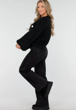 Zwarte Sneakers met Bontvoering en Dikke Platformzool met Veters en Rits