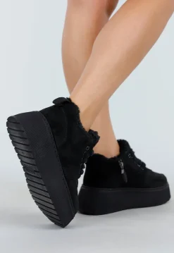 Zwarte Sneakers met Bontvoering en Dikke Platformzool met Veters en Rits