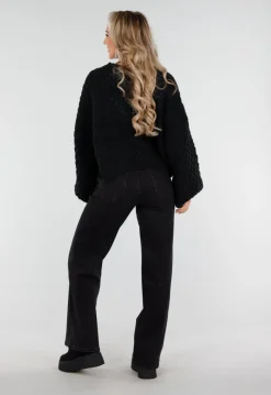 Zwarte Sneakers met Bontvoering en Dikke Platformzool met Veters en Rits