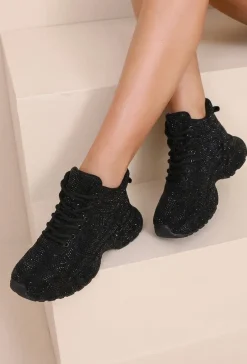 Zwarte Sneakers met Strass en Chunky Zool