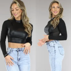 Zwarte Stoere Longsleeve Top met Hoge Hals