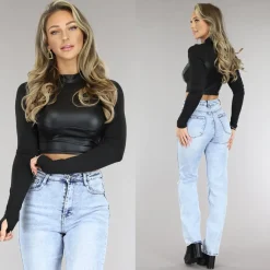 Zwarte Stoere Longsleeve Top met Hoge Hals