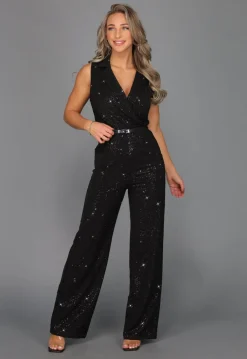 Zwarte Straight Leg Glitter Jumpsuit met Riempje
