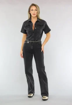 Zwarte Straight Leg Jeans Jumpsuit met Korte Mouwen