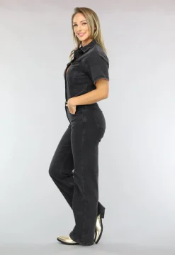 Zwarte Straight Leg Jeans Jumpsuit met Korte Mouwen