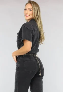 Zwarte Straight Leg Jeans Jumpsuit met Korte Mouwen
