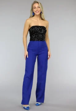 Zwarte Strapless Crop Top met Pailletten