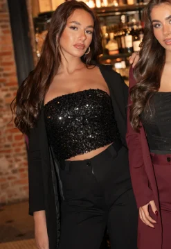 Zwarte Strapless Crop Top met Pailletten