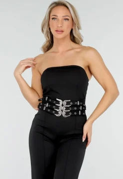 Zwarte Strapless Jumpsuit met Gespen en Rechte Pijpen