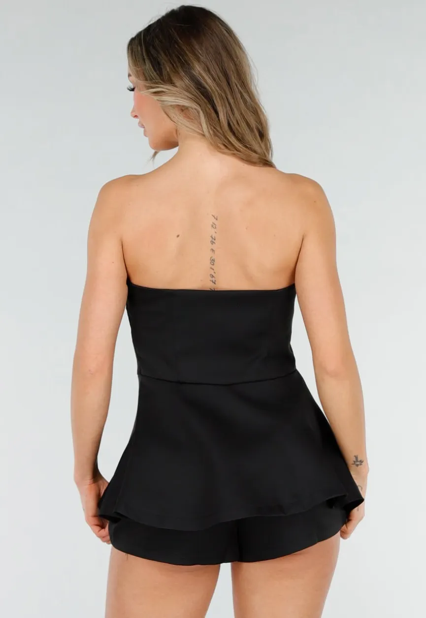Zwarte Strapless Peplum Playsuit