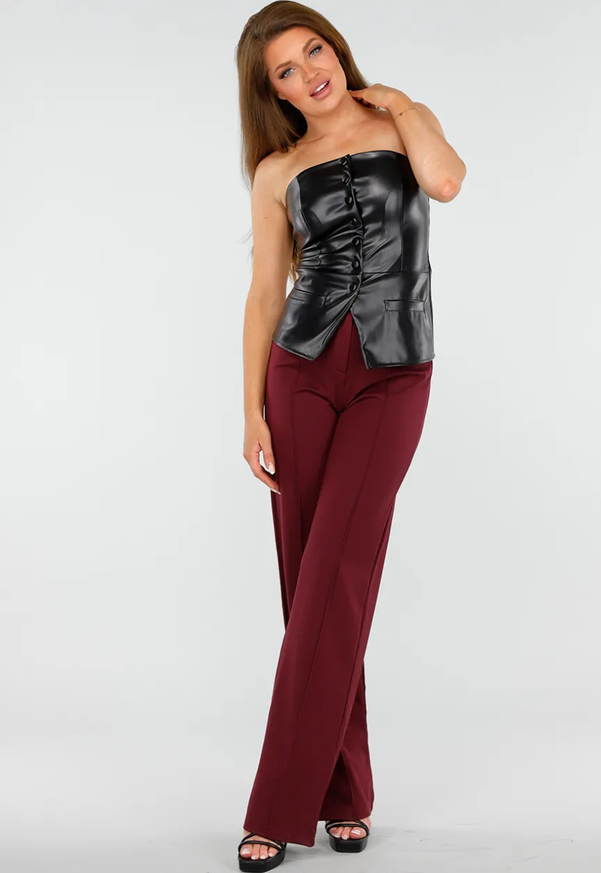 Zwarte Strapless Top van Imitatieleer met Drukknopen en Lichte Stretch