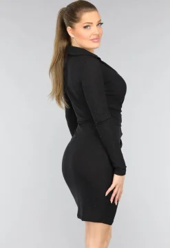 Zwarte Strass Twist Jurk met Kraagje