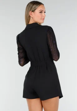 Zwarte Stretch Blazer Playsuit met Glitter Mesh Mouwen
