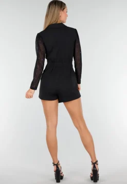 Zwarte Stretch Blazer Playsuit met Glitter Mesh Mouwen