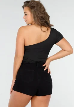 Zwarte Stretch Crop Top met One Shoulder