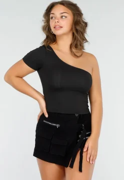 Zwarte Stretch Crop Top met One Shoulder