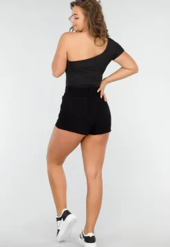 Zwarte Stretch Crop Top met One Shoulder
