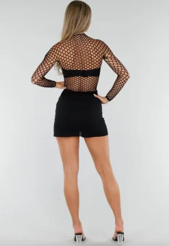 Zwarte Stretch Fishnet Top met Lange Mouwen en Grote Netstructuur