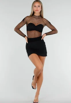 Zwarte Stretch Fishnet Top met Lange Mouwen en Grote Netstructuur