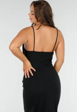 Zwarte Stretch Jurk Met Spaghettibandjes en Watervalhals