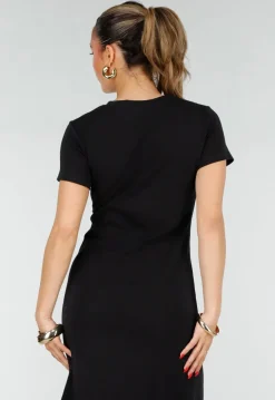 Zwarte Stretch Midi Jurk met Gouden Taille Detail