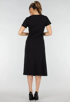 Zwarte Stretch Midi Jurk met Gouden Taille Detail
