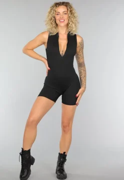 Zwarte Stretch Playsuit met Ritssluiting