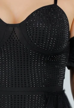 Zwarte Stretch Playsuit met Zwarte Strass Steentjes en Tule Rok