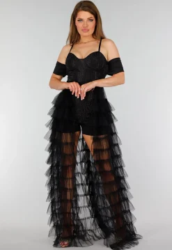 Zwarte Stretch Playsuit met Zwarte Strass Steentjes en Tule Rok