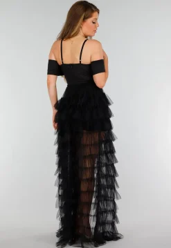 Zwarte Stretch Playsuit met Zwarte Strass Steentjes en Tule Rok