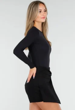 Zwarte Stretch String Bodysuit met Lange Mouwen en Hoge Halslijn