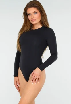 Zwarte Stretch String Bodysuit met Lange Mouwen en Ronde Hals