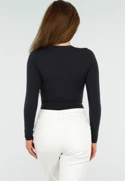 Zwarte Stretch String Bodysuit met Lange Mouwen en Ronde Hals