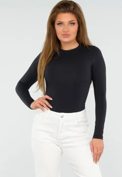 Zwarte Stretch String Bodysuit met Lange Mouwen en Ronde Hals