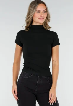 Zwarte Stretch Top met Col en Korte Mouwen