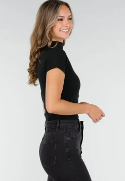 Zwarte Stretch Top met Col en Korte Mouwen