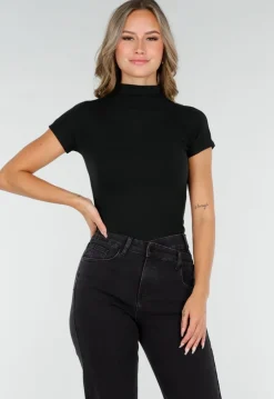 Zwarte Stretch Top met Col en Korte Mouwen