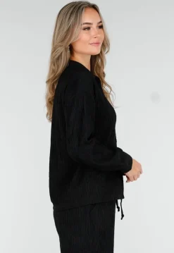Zwarte Stretch Two Piece Set met Losvallende Blouse en Rechte Broek