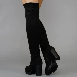 Zwarte Suède-Look Overknee Laarzen met Blokhak