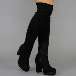Zwarte Suède-Look Overknee Laarzen met Blokhak