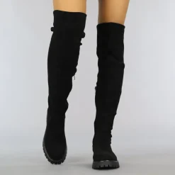 Zwarte Suède-Look Overknee Laarzen met Grove Zool