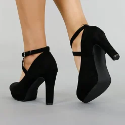 Zwarte Suède-Look Pumps met Enkelbandje