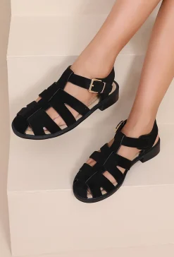 Zwarte Suède Sandalen met Gesp en Platte Zool en Open Neus