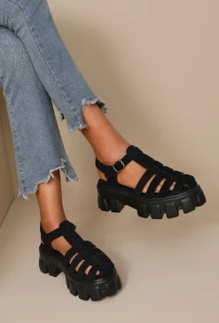 Zwarte Suède Sandalen met Gesp en Meerdere Banden en Grove Zool