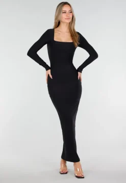 Zwarte Super Stretch Maxi Jurk met Lange Mouwen en Push Up Pads